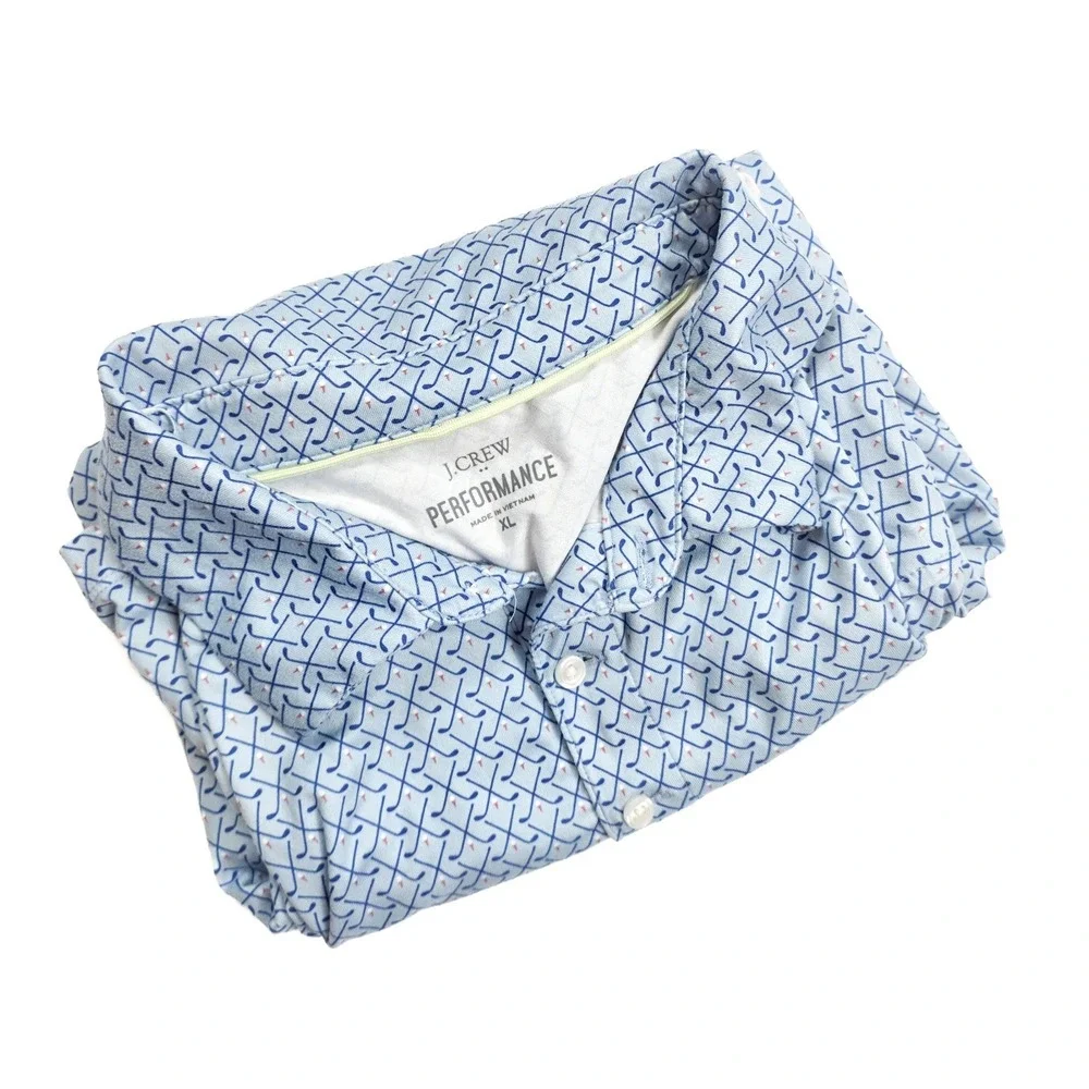 J. Crew Performance Blue Golf Print 1/4‎ Button Short Sleeve Polo Men's Size XL